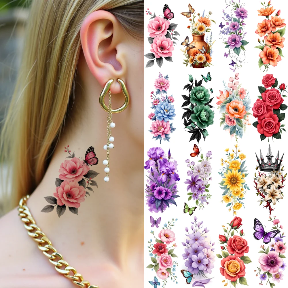 

9pcs Temporary Tattoo Lantern Colorful Vase Sunflowers Temporary Tattoo Stickers Purple Flowers For Shoulders Thighs Arms