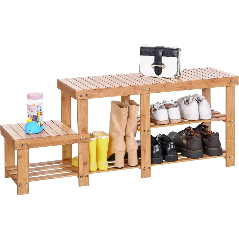 

2-Tier Shoe Bench Boot Organizing Rack Entryway Storage Shelf with High and Low Levels for Adult and Child Bamboo