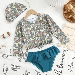 Two-Piece Swimsuit For Girls Long Sleeve Floral Printed Swimwear Split Ruffled Bikini Girl Hot Spring Bathing Suit With Hat Kid