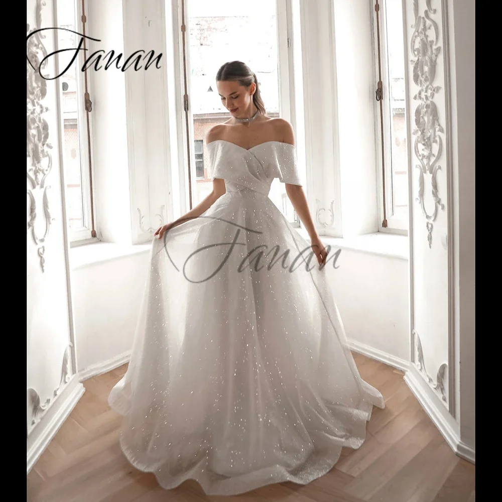 

Glittery Sweetheart Off The Shoulder Wedding Dresses Backless A-Line Tulle Ruched Bridal Gown vestido novia robe mariée