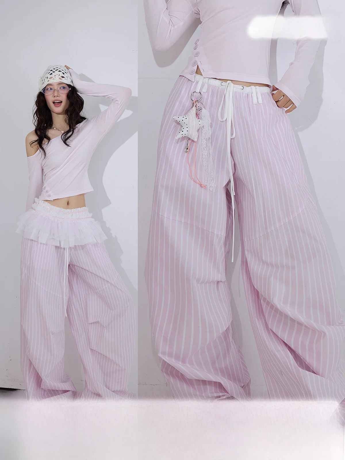 

Goo Original Striped Wide Leg Pants Women's Patchwork Design Sense Dance Long Pants Casual High Waist Other Material Quick Dry