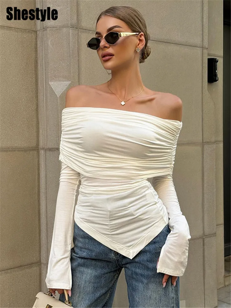 

Shestyle Off Shoulder Asymmetrical T-Shirts Women Slash Neck Long Sleeve Bodycon Sexy Elegant Office Lady Tops Solid Autumn