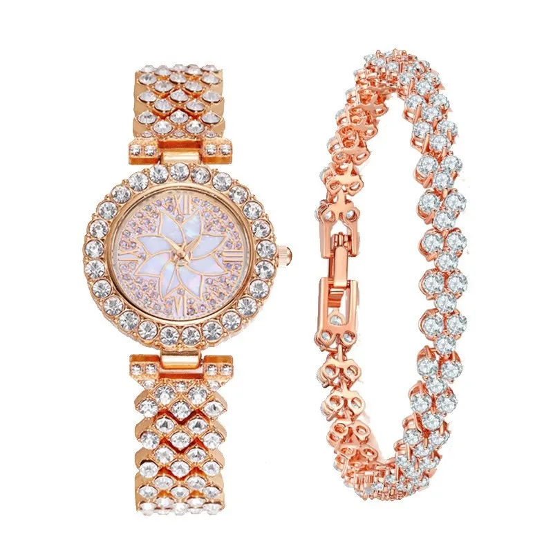 Nuevo reloj de mujer con diamantes, elegante reloj de cuarzo, esfera de diamantes popular, pulsera llena de diamantes, pulsera de corazón, pulsera de reloj de mujer, juego de 2 piezas