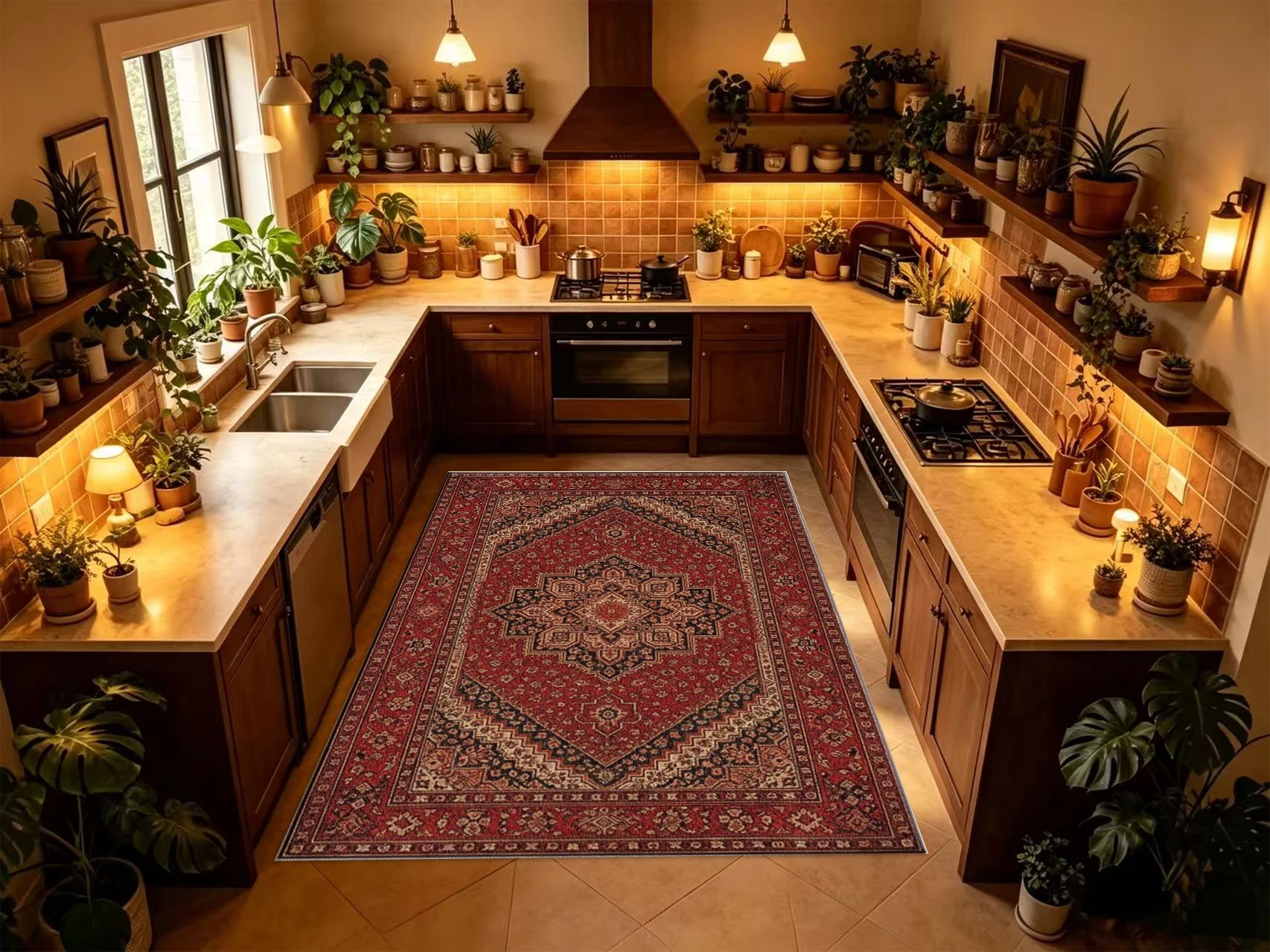 Deep Red Classic Oriental Square Area Rug Traditional Medallion Border Printed Floor Carpet for Living Room Bedroom Home Decor