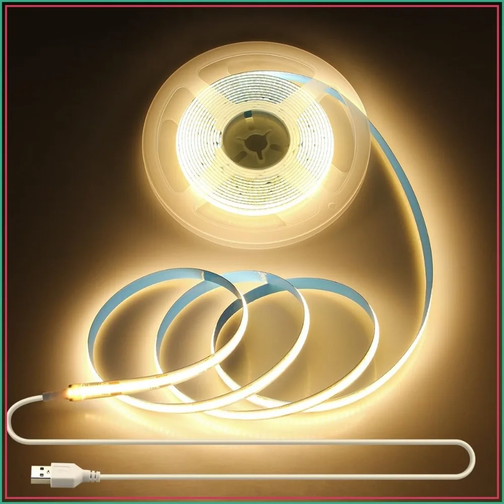 5V USB COB LED Strip Light 3M 960LEDs Warm White 3000K Flexible Tape for TV Backlight, Cabinet, DIY