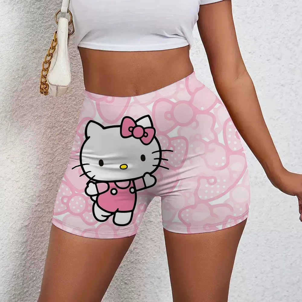 Kawaii Hello Kitty Damen-Shorts, hohe Taille, Yoga-Shorts, Laufen, Fitness-Hose, niedliche doppelseitige Drucke, Sport, Dreipunkt-Kt-Shorts