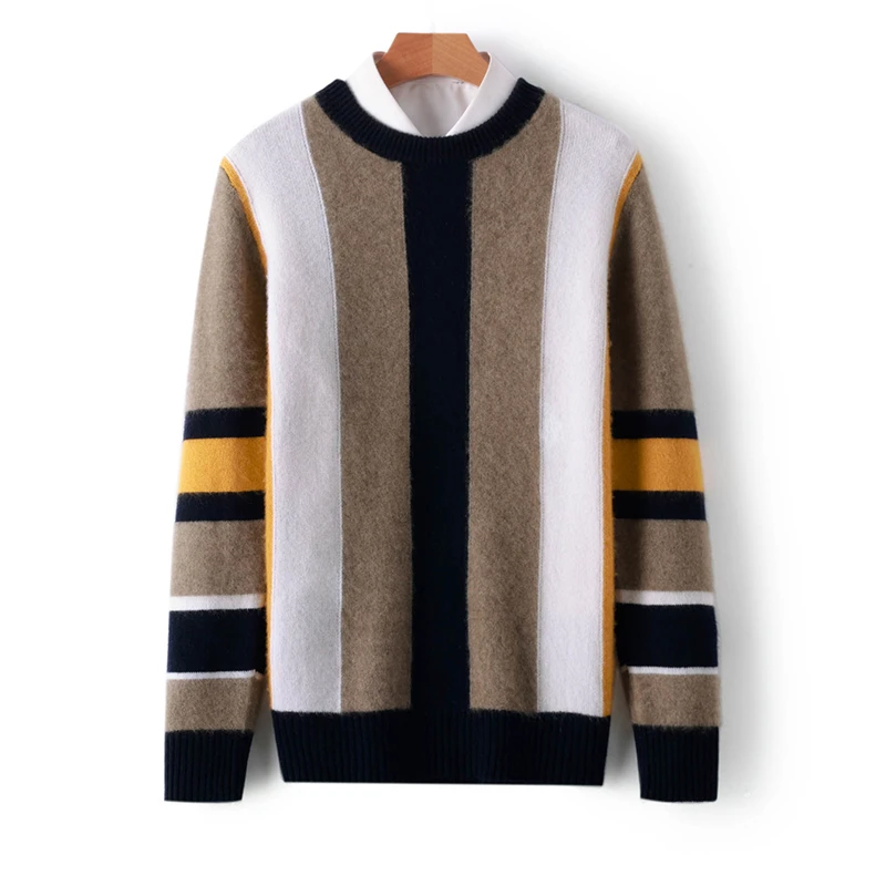

Men's O-neck Color Blocked Pullover 100% Merino Wool Sweater Autumn Winter Loose Long Sleeve Jumper Cashmere Thickening Top