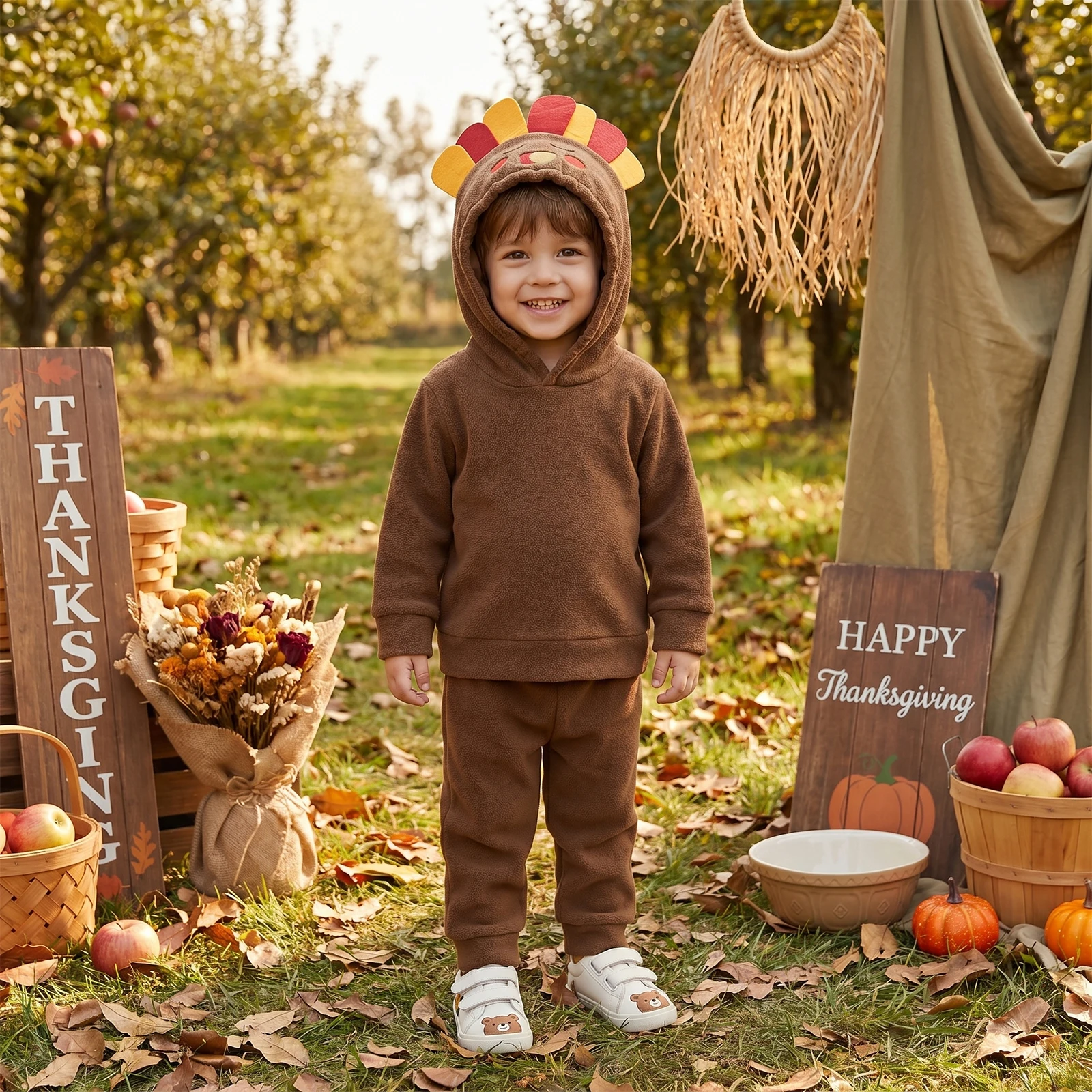 2027 Thanksgiving  Toddler Kids BAby Boys 2-piece Outfit Long Sleeve Turkey Hoodie with Elastic Waist Sweatpants Children's Sets