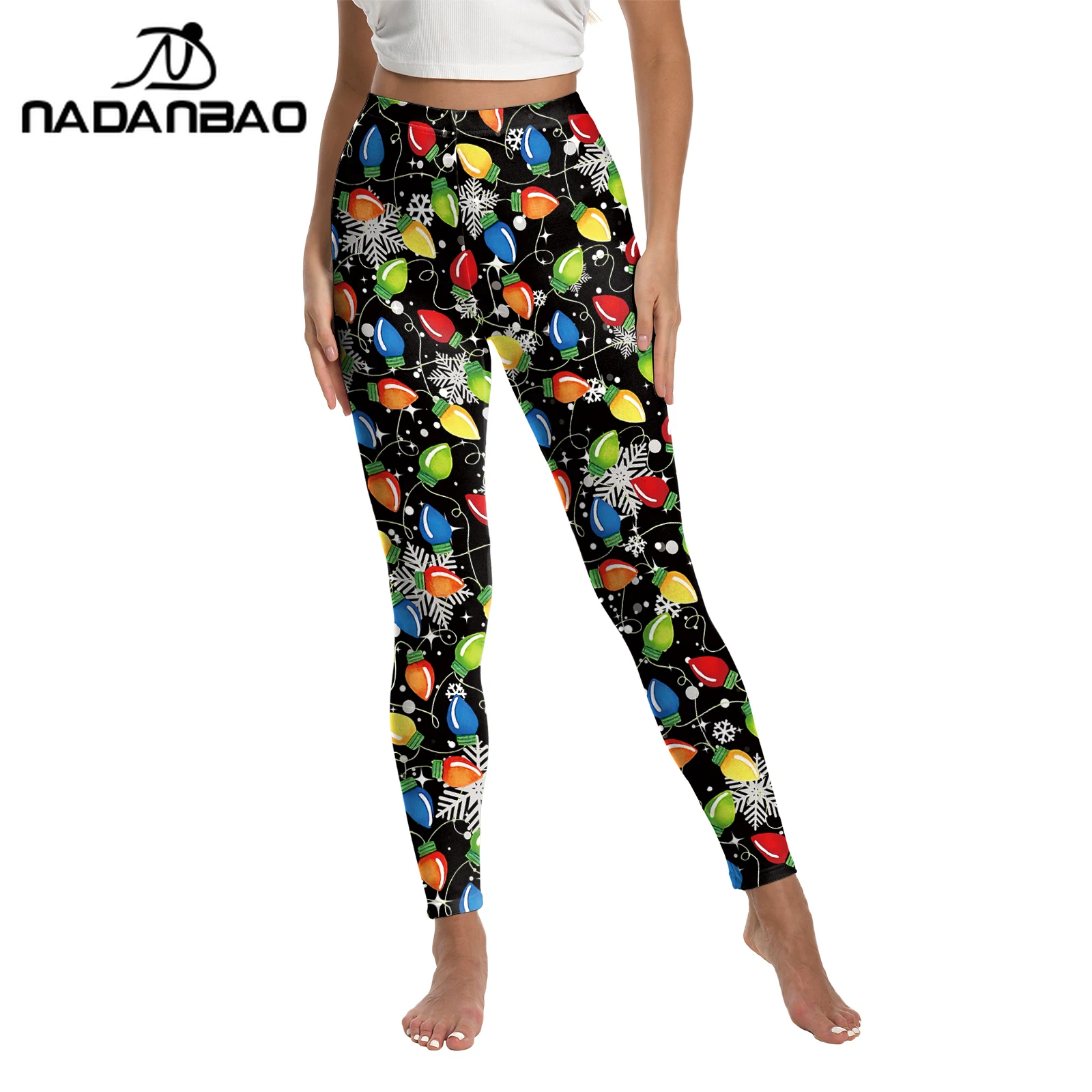 Nadanbao damesbroek met kleurrijke lichtenprint, sexy zwarte middentaille legging, casual buiten yogabroek, kerstfeestbroek