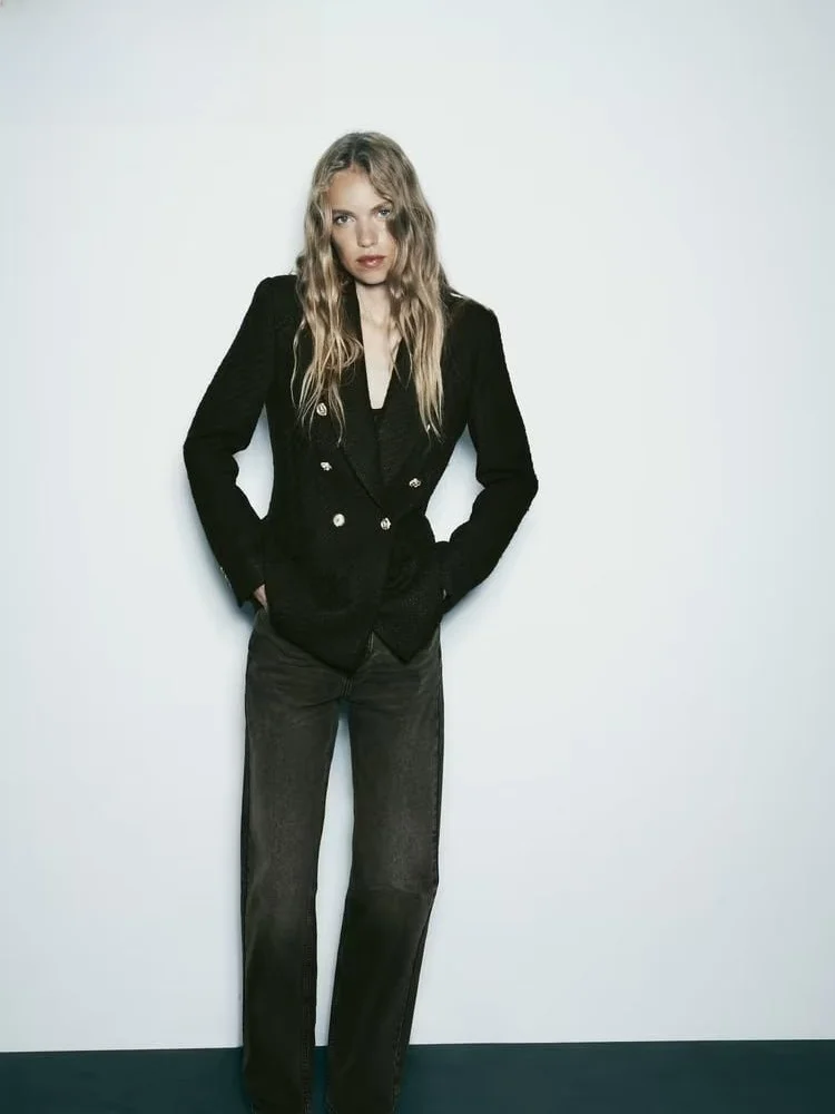 

New 2023 Women's Bla Texture Double Button Suit Jaet Commute Sle Long Sve Loose Fit Polyester Pure Color Coat