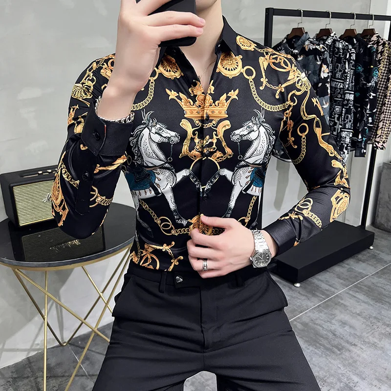 

Luxury Vintage Crown Men's Shirt Long Sleeve Slim Fit Casual Shirt Streetwear Social Party Tuxedo Business Formal Dress Shirts