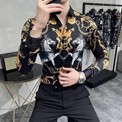 Luxury Vintage Crown Men's Shirt Long Sleeve Slim Fit Casual Shirt Streetwear Social Party Tuxedo Business Formal Dress Shirts