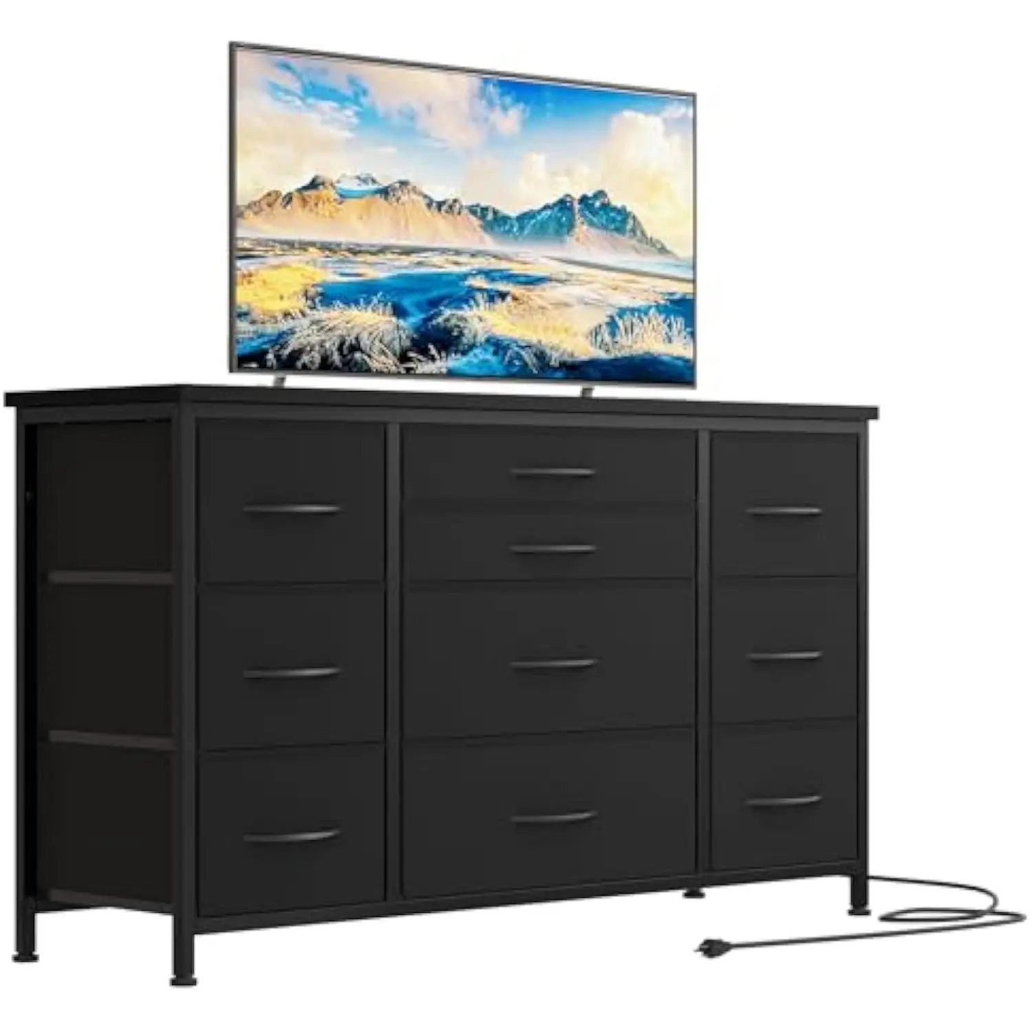 

Wide dresser with 10 large drawers for 55'' long tv stand with power outlet entertainment center, storage fabric drawer unit fo