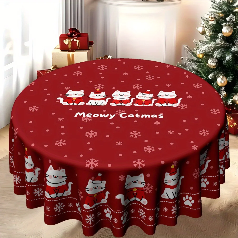 1Pc cat, snowflake, paw print printed round table cloth for family kitchen and dining room