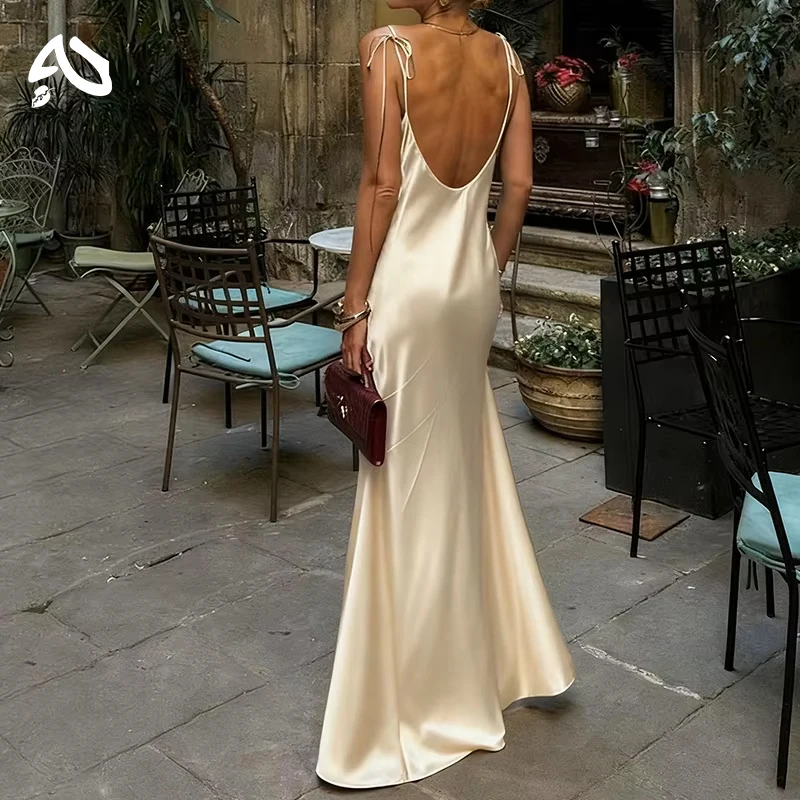 

Original Women's Satin Champagne Dress Sleeveless Sexy Backless Evening Dresses Guest Elegant Bridesmaid Long Evening Gown