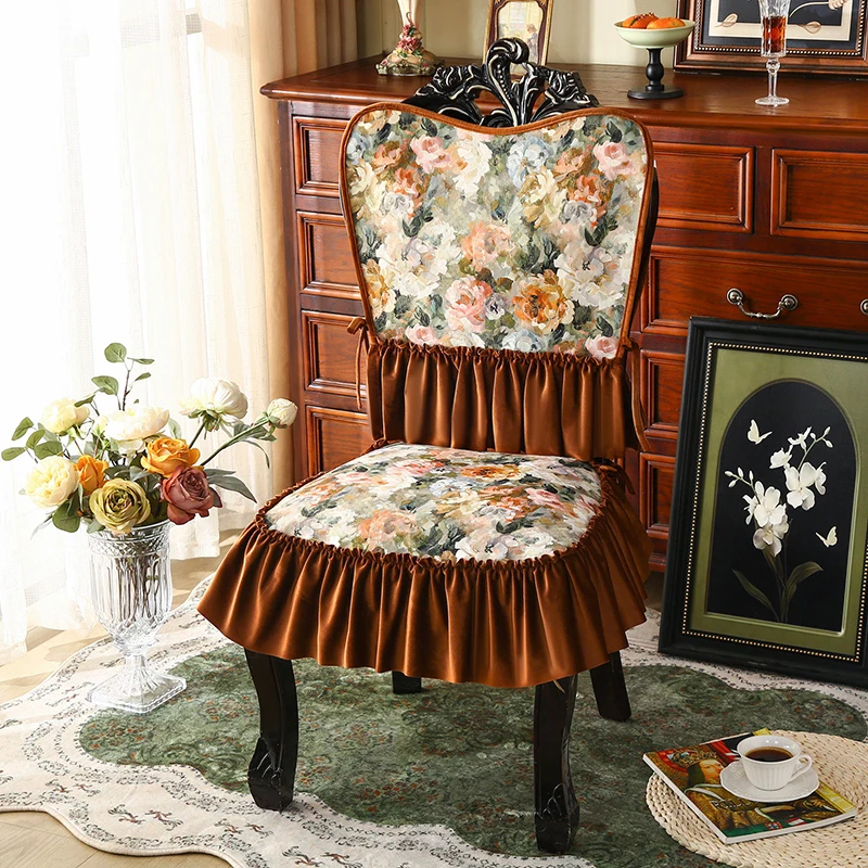 European Style Floral Dining Chair Cover with Ruffled Skirt Vintage Elegant Fabric Slipcover Kitchen Banquet Wedding Home Decor