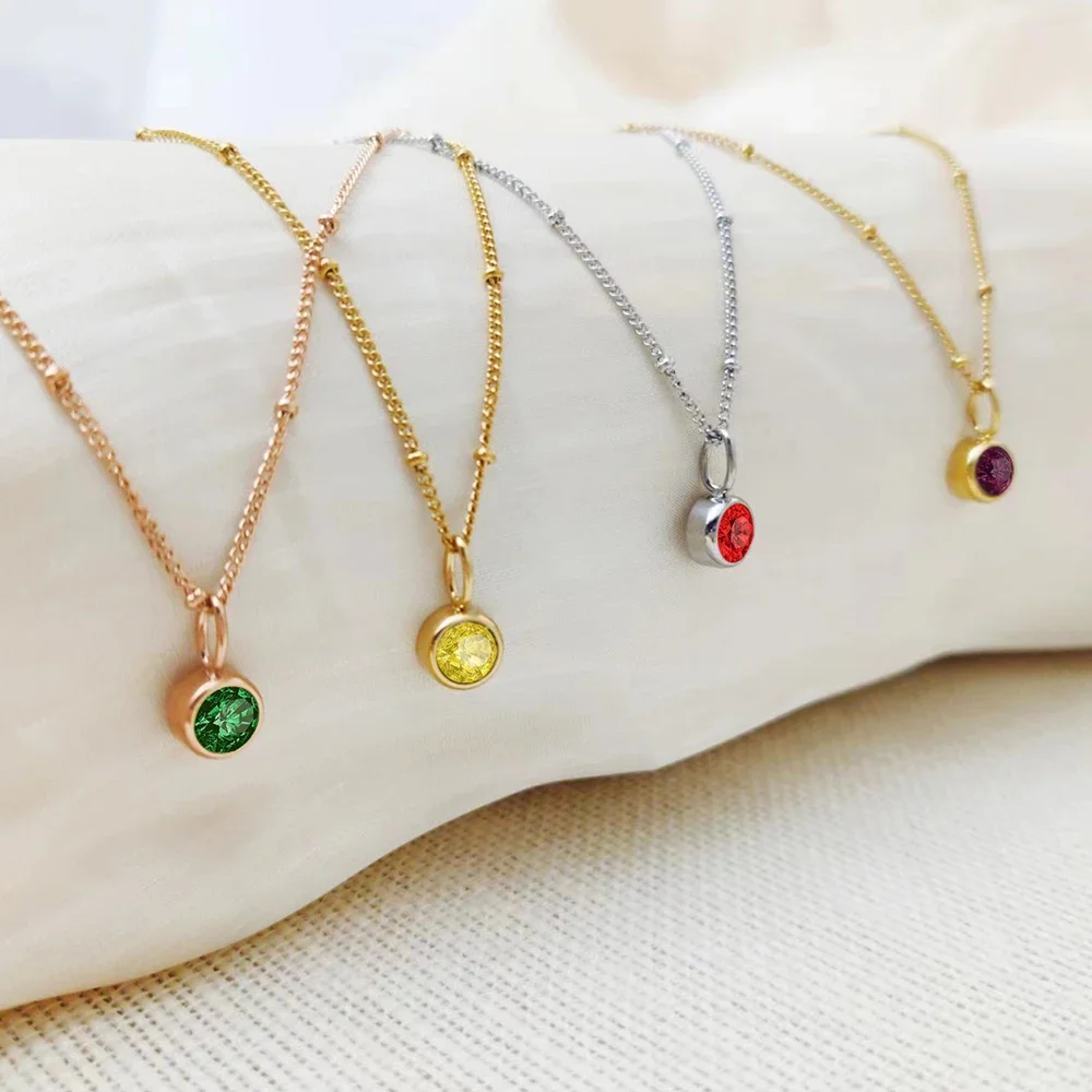 women Stainless Steel Birthstone Necklace Beaded Chain Zirconia pendant Choker Jewelry women Constellation Birthday Gift 2024