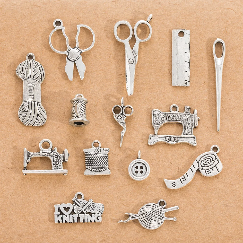 إكسسوارات فضية من سبائك DIY، المعلقات، المقص، ملحقات سلسلة ماكينة الخياطة، المواد