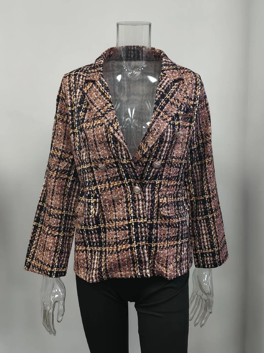 Women's Printed Long Sleeve Suit Jacket Double Breasted Woolen Plaid Coat Slim Fit Fashion Spring Autumn Independent Station