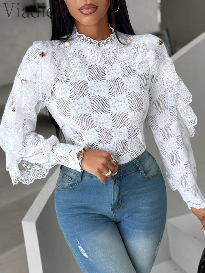 Women Casual Solid Color Crochet Lace Round Collar Buttoned Pullover Blouse Top