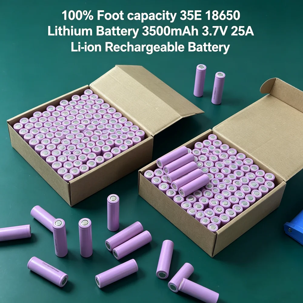 100% Foot Capacity 35E 18650 Lithium Battery 3500mAh 3.7V 25A Li-ion Rechargeable Battery, for Flashlights, Tool Batteries, Etc