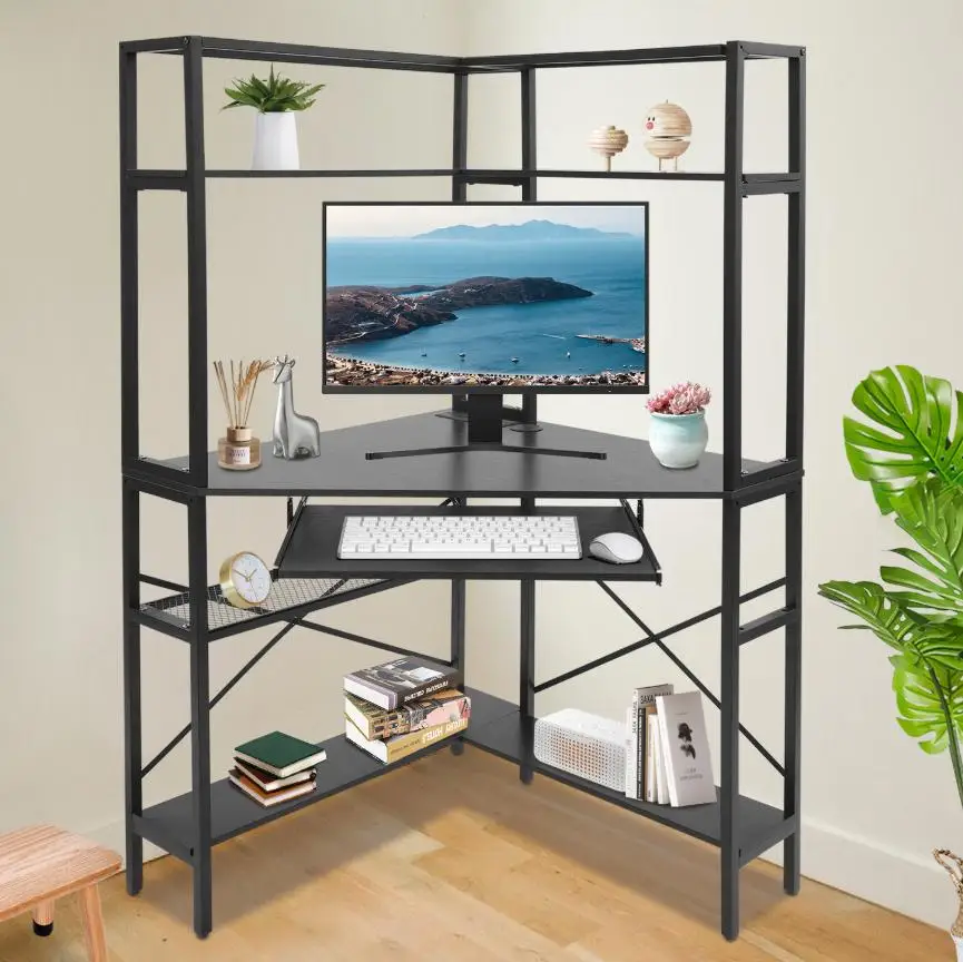 75×75×152.4cm Corner Desk, 77lbs Load, Density Board & Iron, Black, with LED Light Strip & Power Outlets & USB, for Office, Home Office, Dorm, Study, Game Room