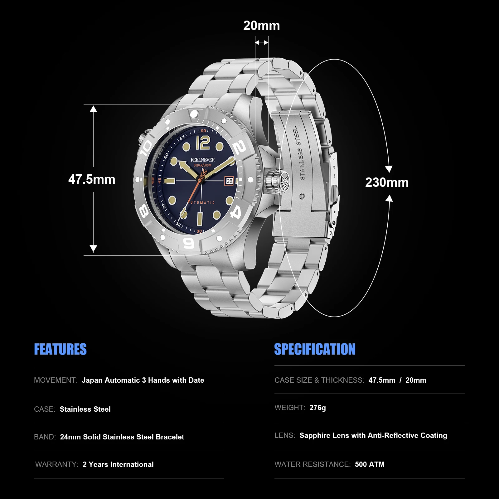 FeelNever Vintage 47MM Professional Diving Explore Sport Men Automatic Mechanical Watches 50Bar Sapphire Crystal Date AR Coating