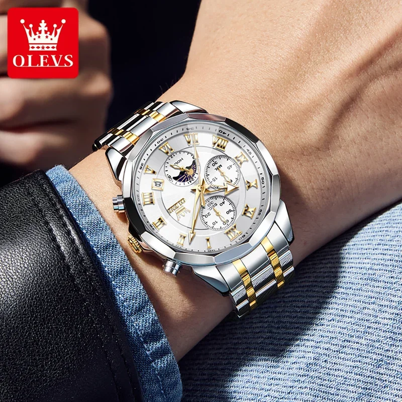 OLEVS Men Watch Brand Business Stainless Steel Date Chronograph Luxury Waterproof Moonphase Men Quartz Watch Reloj Hombre 3675