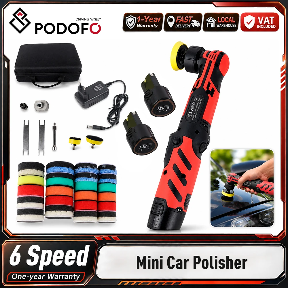 Lucidatrice portatile senza fili Podofo, 12V, mini lucidatrice per la cura dei dettagli dell'auto, strumento per la correzione della vernice, 6 velocità regolabili, 2500-6000 giri/min, lucidatrice