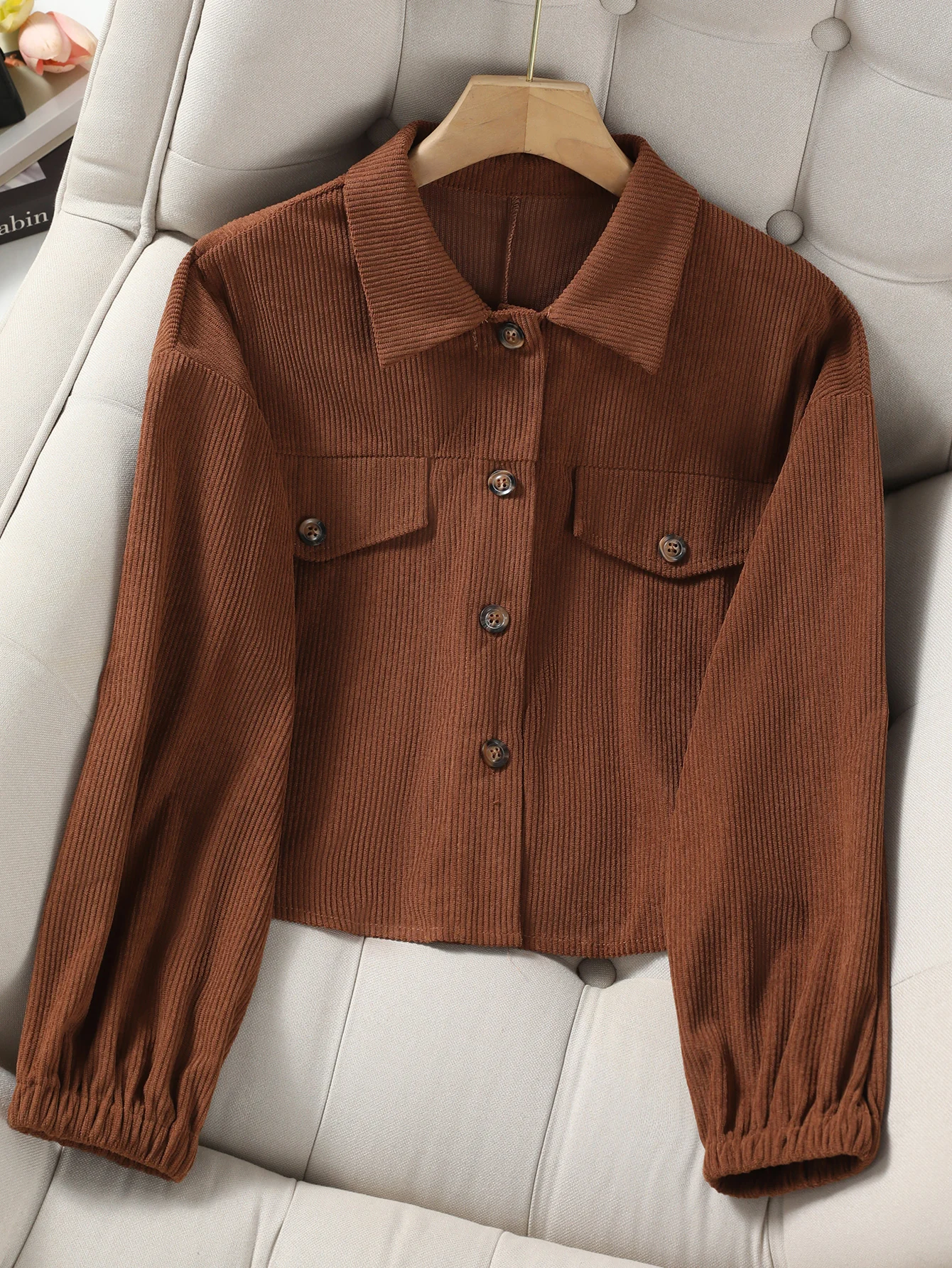 

Женская винтажная вельветовая куртка, повседневное укороченное пальто на пуговицах с длинными рукавами и карманами для осенне-осенней уличной одежды