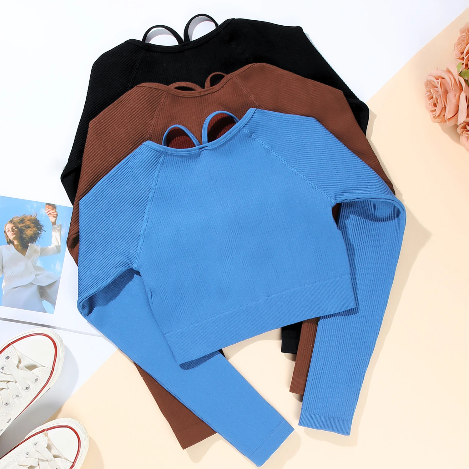 Women Thread Long Sleeve Crop Top Solid Color Square-neck Halter Top Fitness Gym Workout Shirts Casual Tee