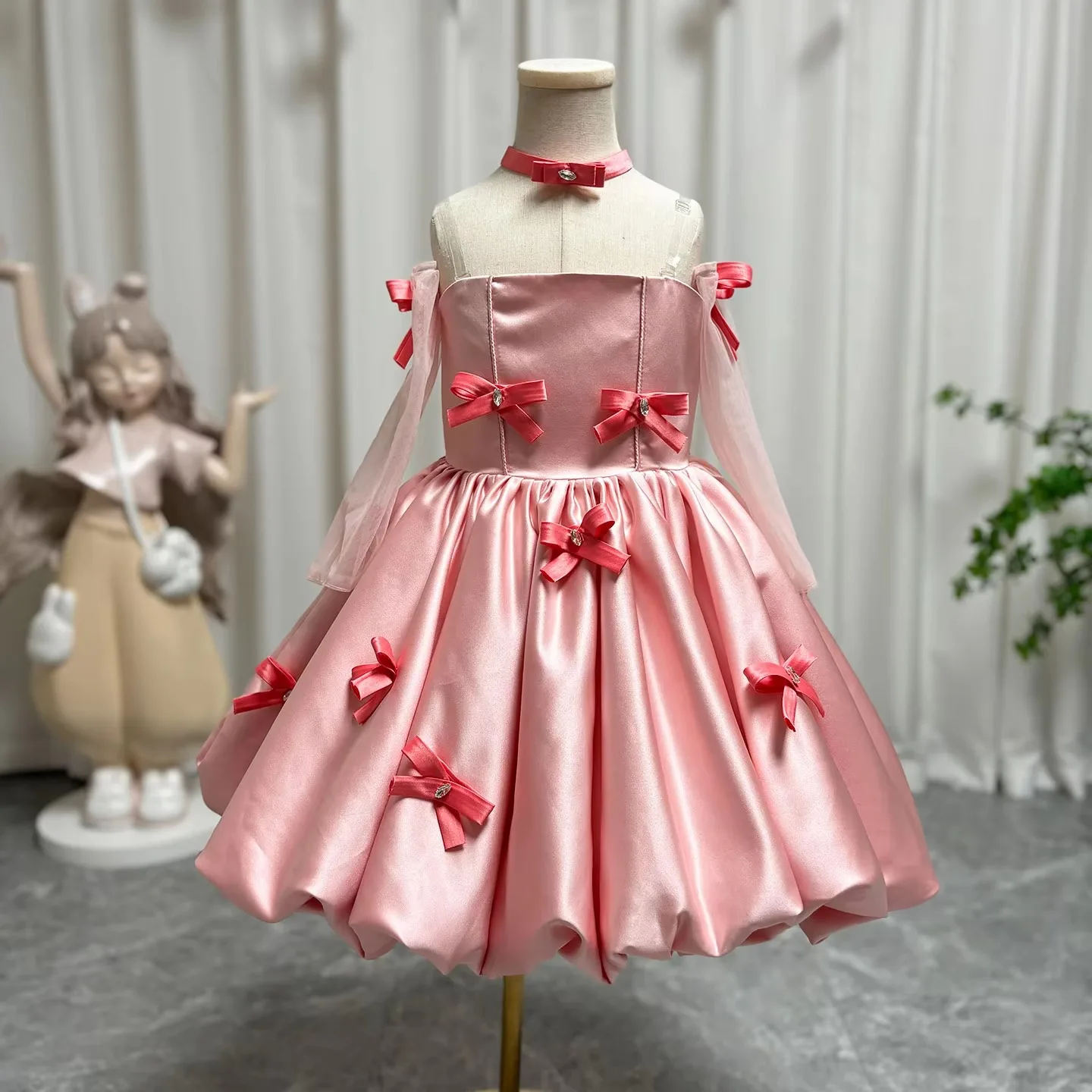 Jill Wish J100 Elegant Pink Arabic Flower Girl Dresses with Glove Dubai Backless for Kids Wedding Birthday Holiday Party Gown