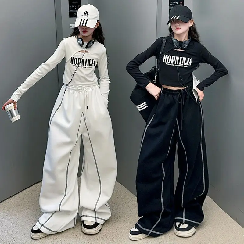 

Child Hip Hop Street Dance Jazz Set cotton Hollow T-shirt+Wide leg pants 2pcs junior kids girls clothes suit tracksuits outfits