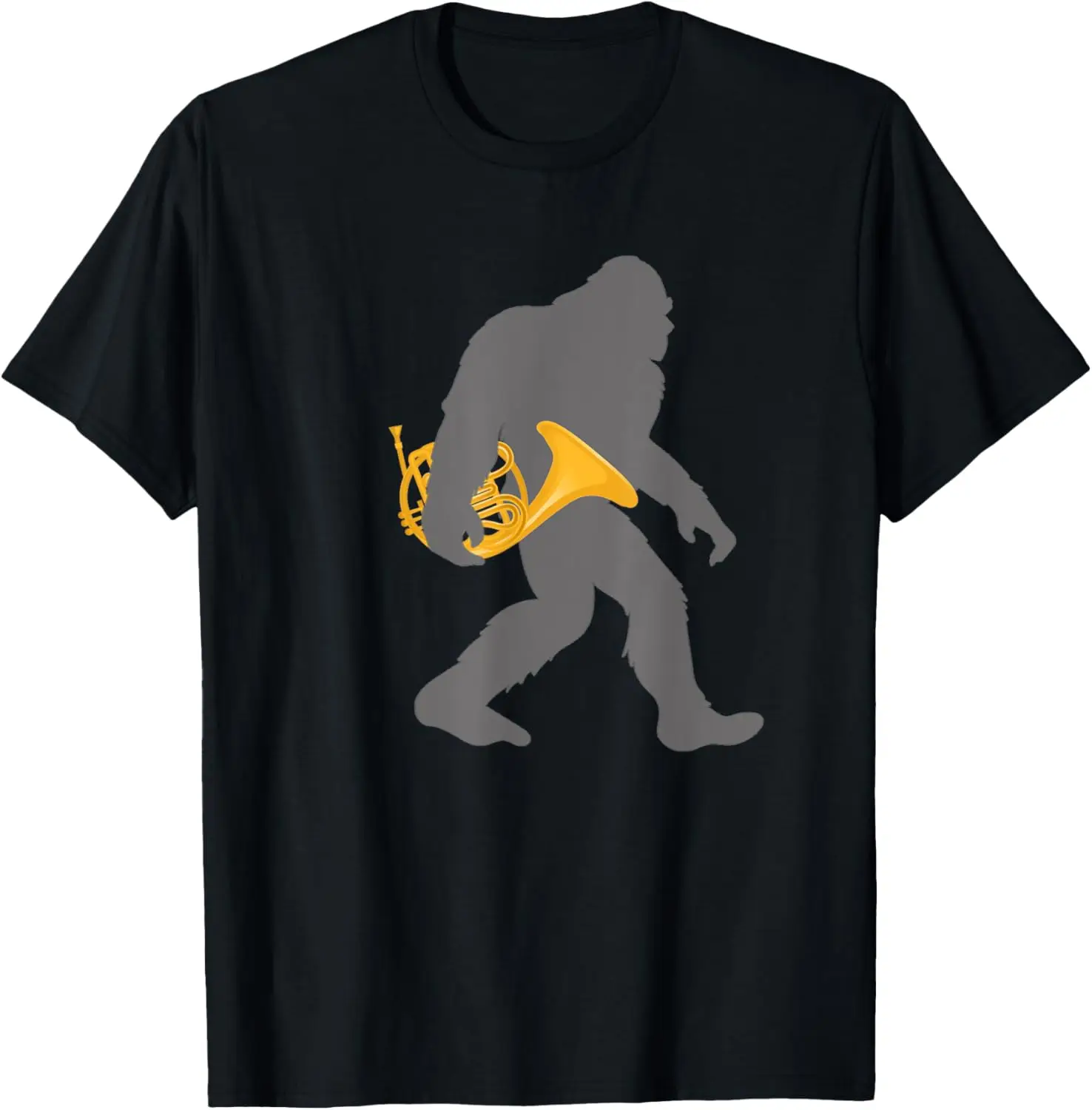 Funny Horn Player Bigfoot Musician with French Horn T-Shirt Custom Printed Graphic T Shirts Streetwear Clothing Camiseta Hombre