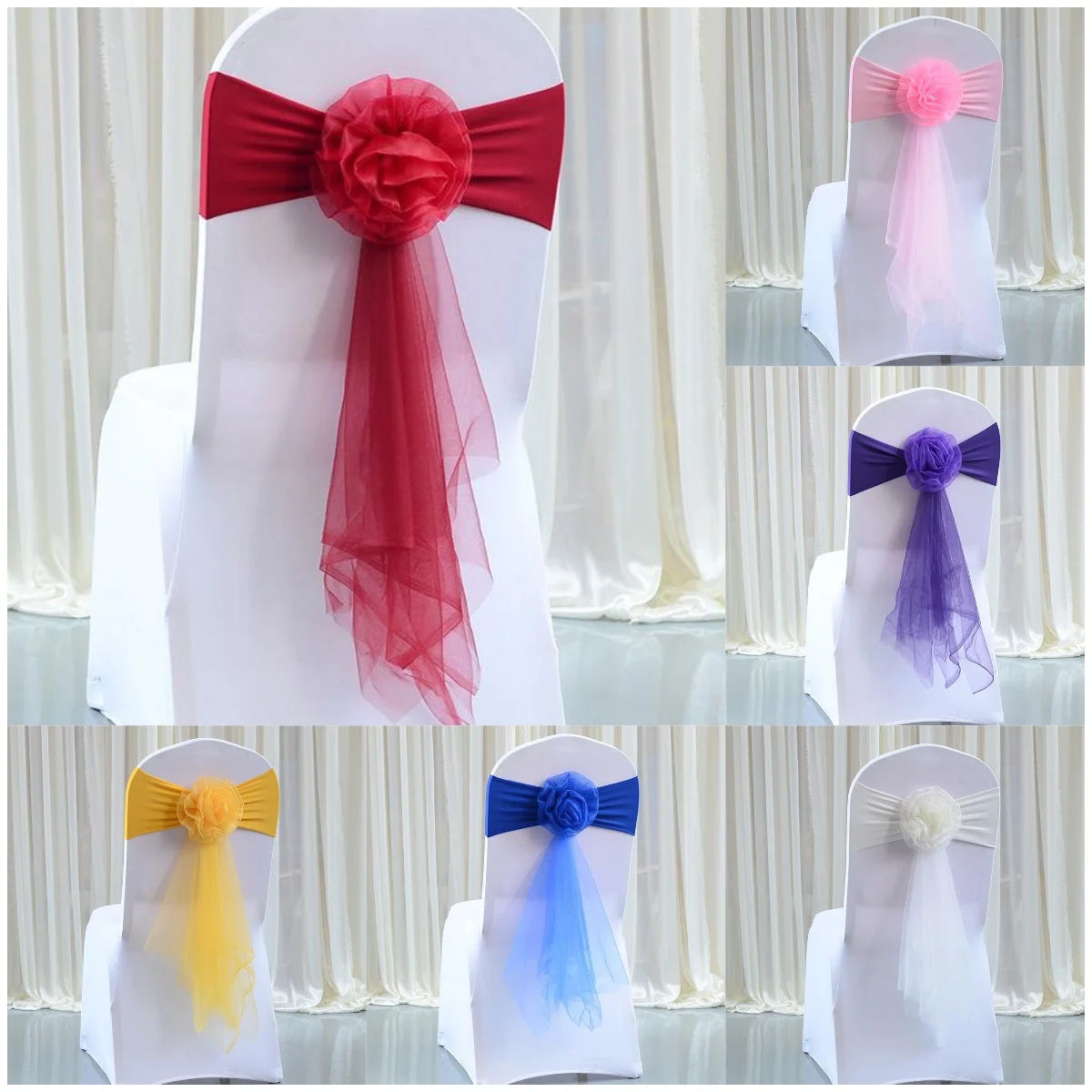 

10PCS Wedding Decoration Elegant Long Tail Chair Sashes for Hotel Banquet Elastic Chair Back Flowers with Bow Tie Birthday Party