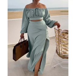 Women Ruched Lantern Long Sleeve Off Shoulder Crop Top & High Waist Side Slit Maxi Skirt Set Solid Two Pieces Dress Set Outfits