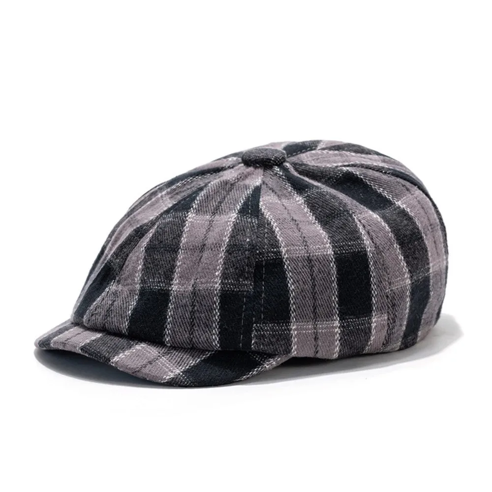 

Cotton Material Painter Beret Hat Print Plaid Comfortable Flat Peaked Cap Warm Lining Striped Pattern Octagonal Beret