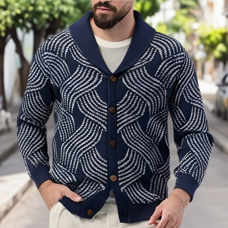 

Мужская роскошная модная жаккардовая вязаная куртка с пряпами, весенне-осенний тонкий синий кардиган с фруктовым воротником, свитер