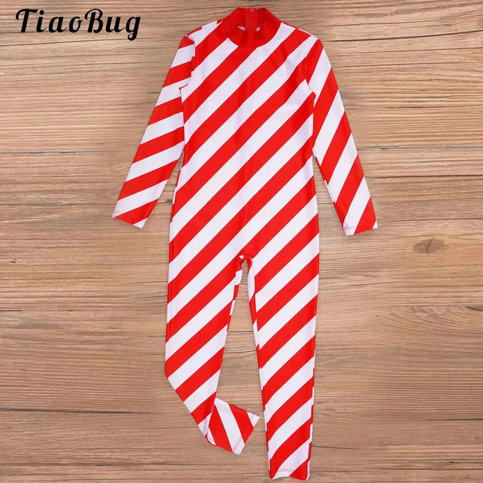 

Girls Christmas Candy Cane Bodysuit Costume Mock Neck Long Sleeve Back Zipper Full Unitard Jumpsuit for Xmas Cosplay Party