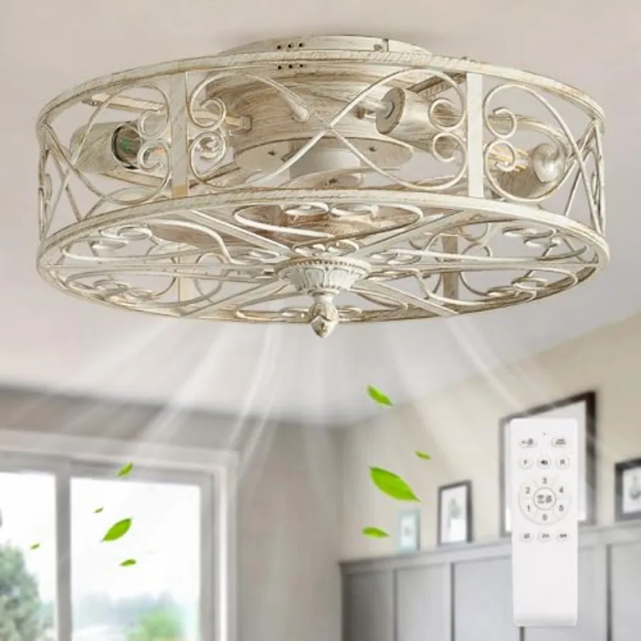 

Caged Low Profile Ceiling Fan with Light Farmhouse Flush Mount Ceiling Fans with Lights and Remote Rustic Bladeless Small Ceili