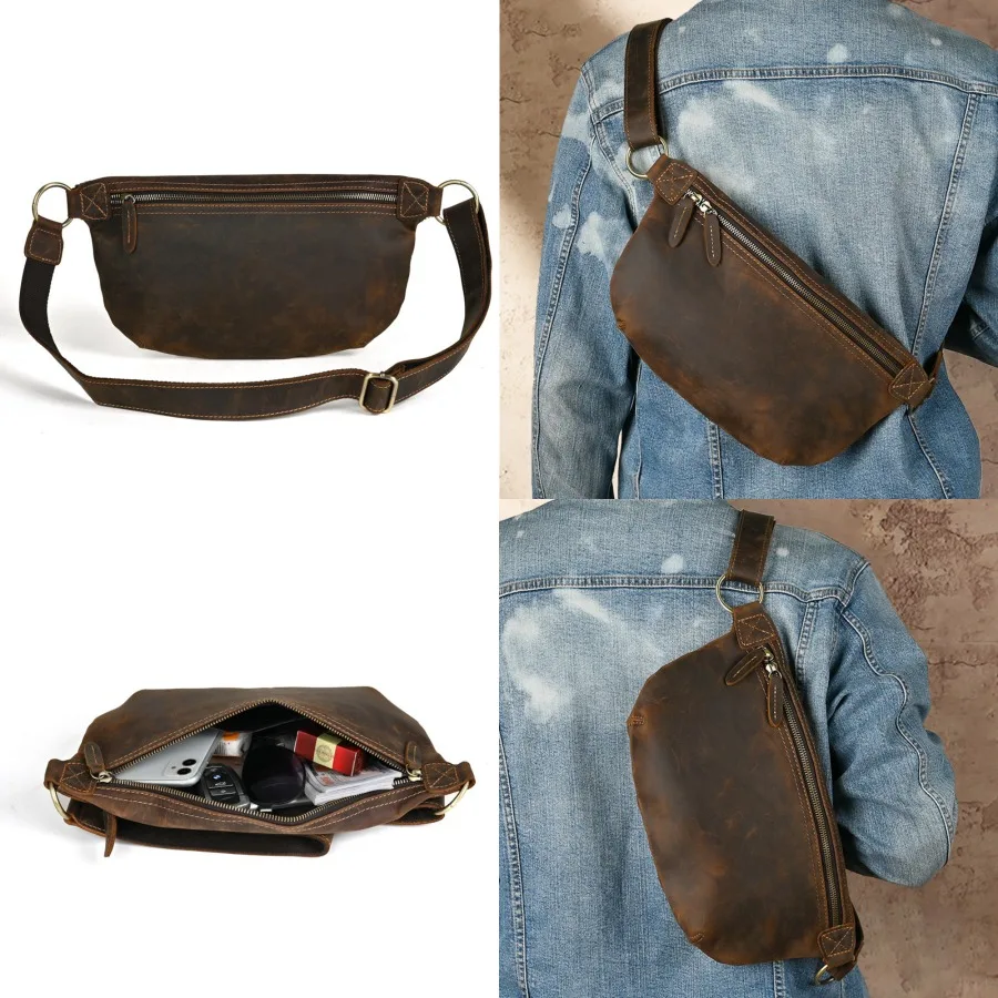 

【New style】Handmade genuine leather chest bag men's multifunctional portable outdoor sports cowhide mobile phone bag waist bag
