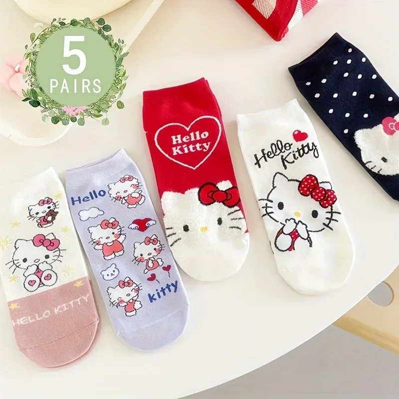 

5pairs Kawaii Sanrio Hello Kitty Socks Comfortable and Soft Kawaii Red WhiteKatie Cat Women's Gilrs Shorts Shocks