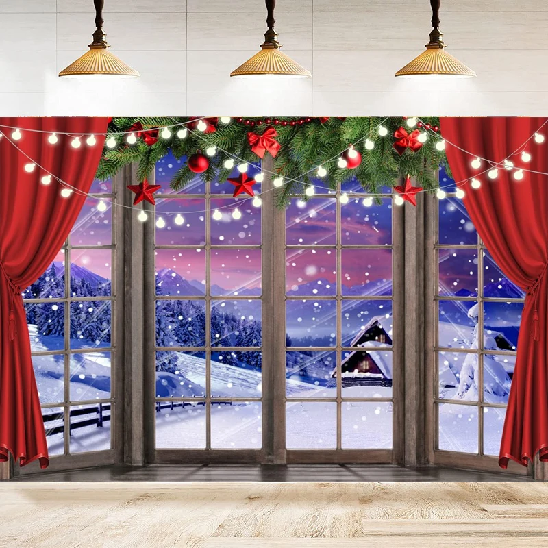 Photography Backdrop Xmas Window Winter Dream Snow Tree Red Curtain Christmas Home Party Backdrop Wall Banner Decor Poster