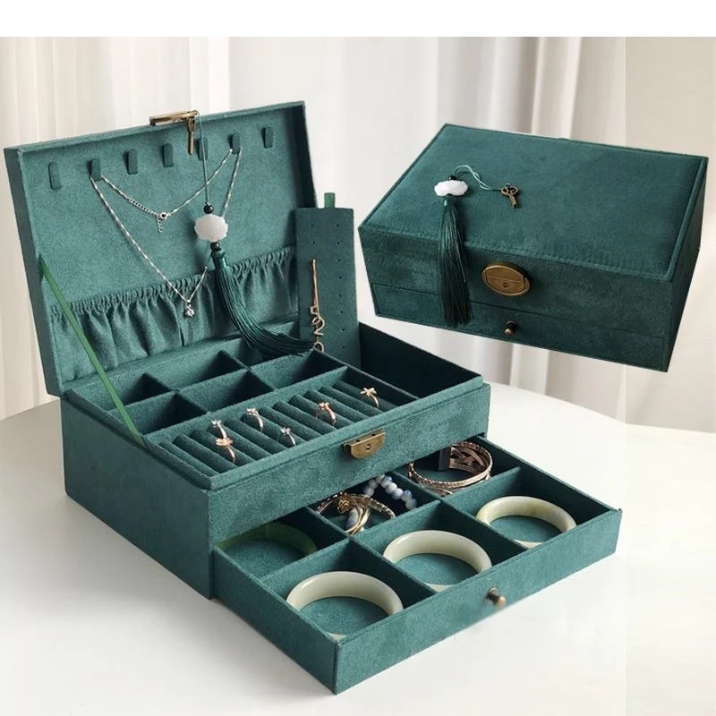 Flannel Embroidery Storage Box Drawer Type Separate Grid Makeup Bracelet Jewelry Organizer Earrings Necklace Hanging Rack