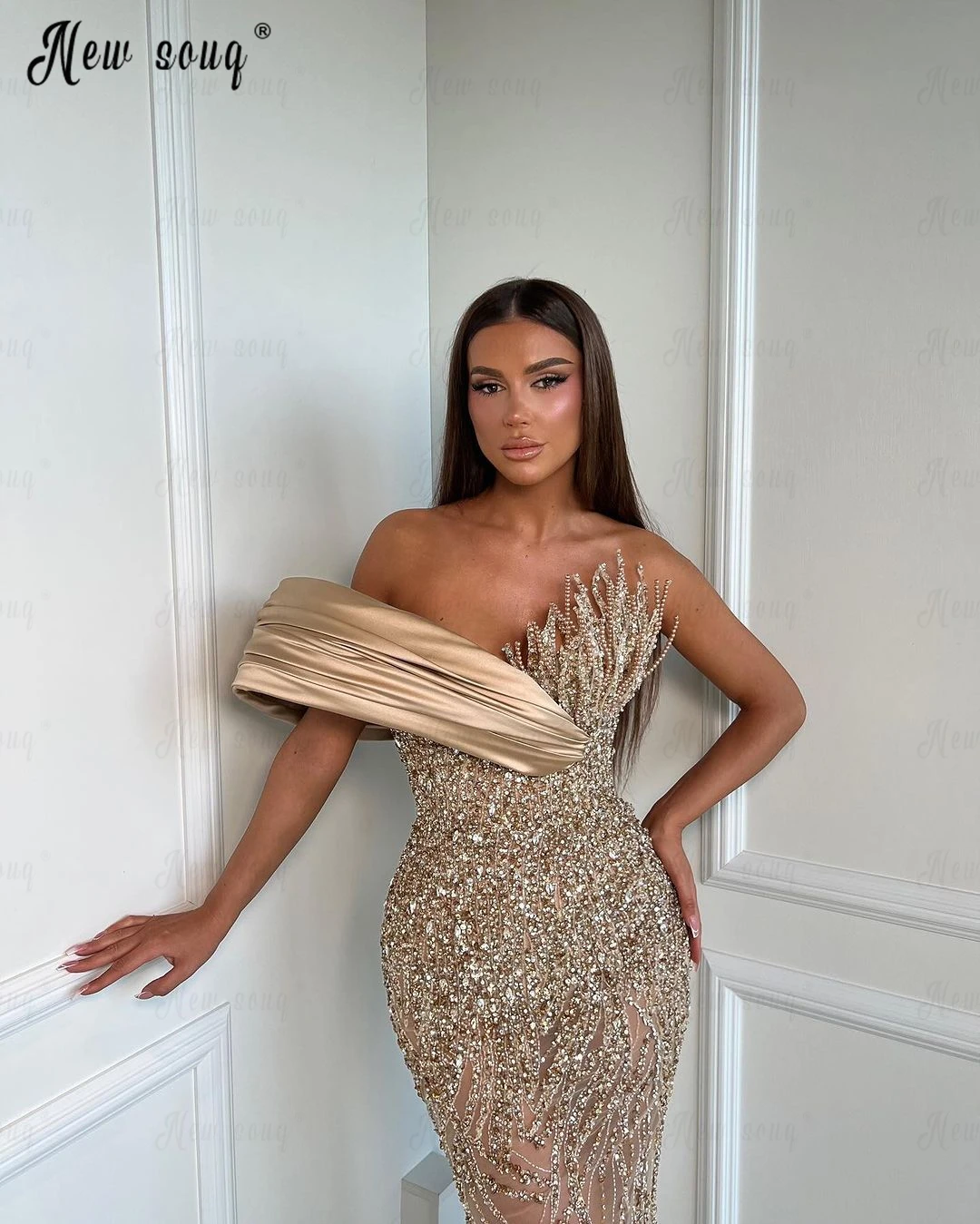 Gold Solid Dubai Long Prom Dresses Luxury 2024 Off Shoulder Mermaid Wedding Party Dress Aso Ebi Formal Evening Robe De Soirée