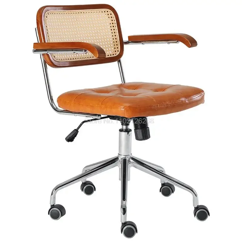 Rattan Office Chair Leather Japanese Retro Chair Computer  Home Swivel Study Desk Chair Lift Celebrity Seat