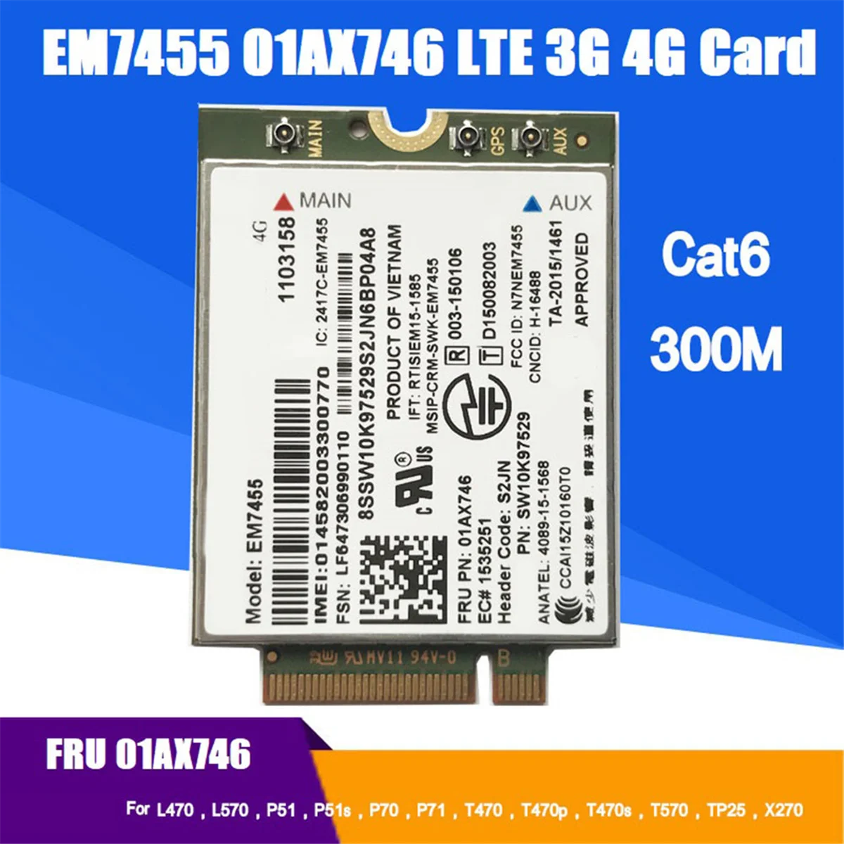 EM7455 01AX746 LTE 3G 4G Card+Antenna for X1 Carbon 5Th Gen X270 T470 T470S T470P T570 L570 L470 P51 P71-AB01