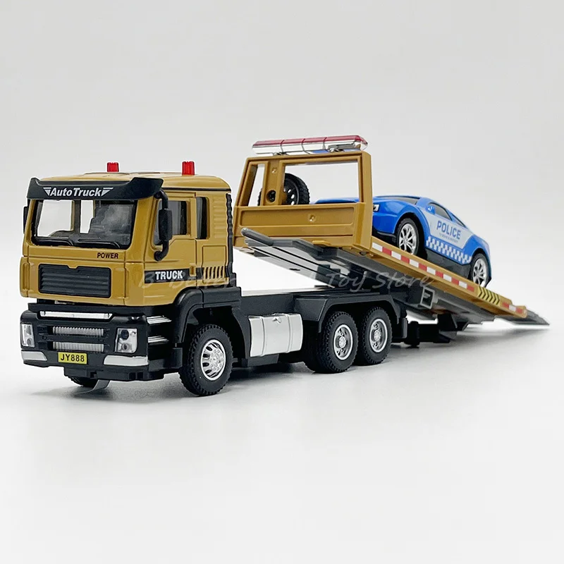 1:50 Diecast Truck Model Toy Flatbed Traffic Rescue Wrecker With Police Car Miniature Replic With Sound & Lights