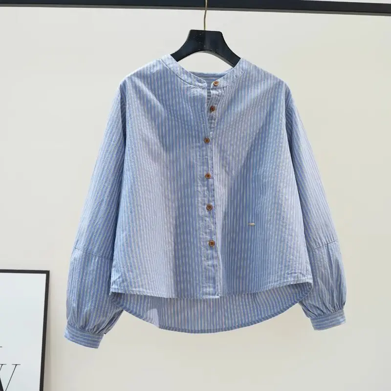 

Women's Blue Striped Loose Shirt Crewneck Long Sleeve Lantern Top Literary Style Casual Shirts Female Spring Autumn Fashion Wear