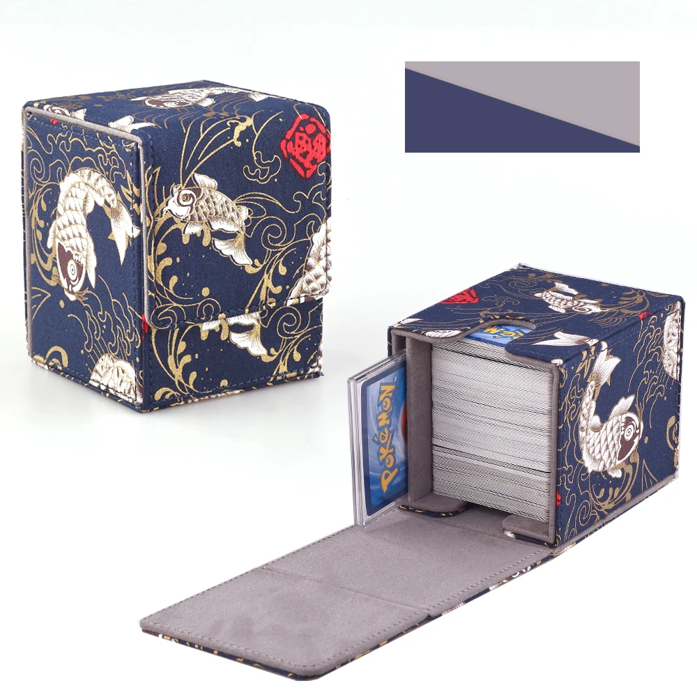 Deck Box Blue Carp Pattern with Window Opening MTG Organizer, Holds 100+ Single Ply Decks, PU Leather Wabi Sabi Embossed Design